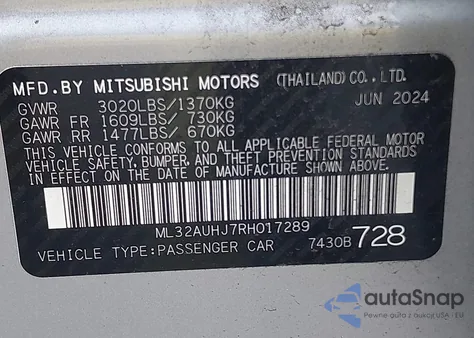 2024 Mitsubishi Mirage Es/Le из США, поврежденный, VIN ML32AUHJ7RH017289